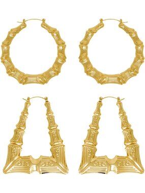 Gold Plated Bamboo Hoop Earrings - 2 Pairs Large Round & Triangle Designs